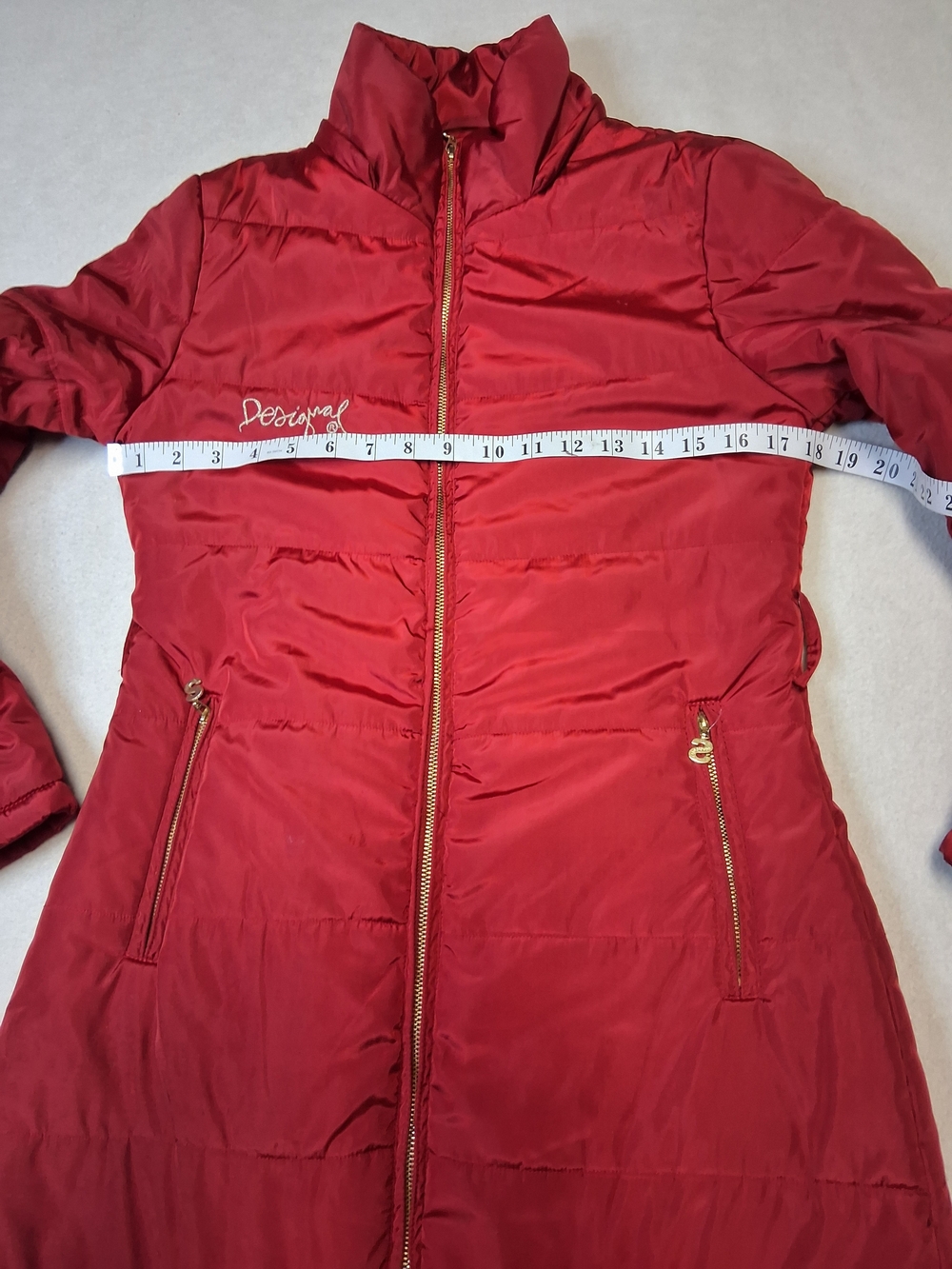 Desigual Red Quilted Long Puffer Coat with Gold Zippers - Picture 4 of 8
